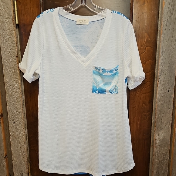 Avery White V-Neck Top with Blue Details - Picture 1 of 5